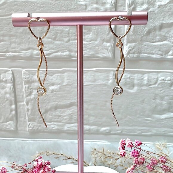 Sparkly Heart Stud Long Dangle Earrings with Cubic Zirconia | Handmade in BC - Picture 3 of 5